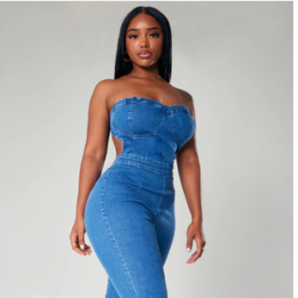 Shape Mid Blue Wash Cup Detail Tie Back Denim Jumpsuit | Size: 12